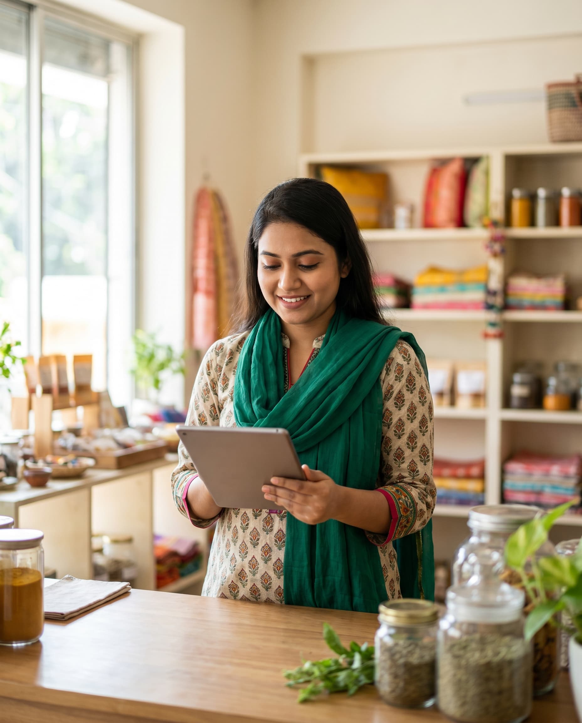 Shop owner managing her books on a tablet
