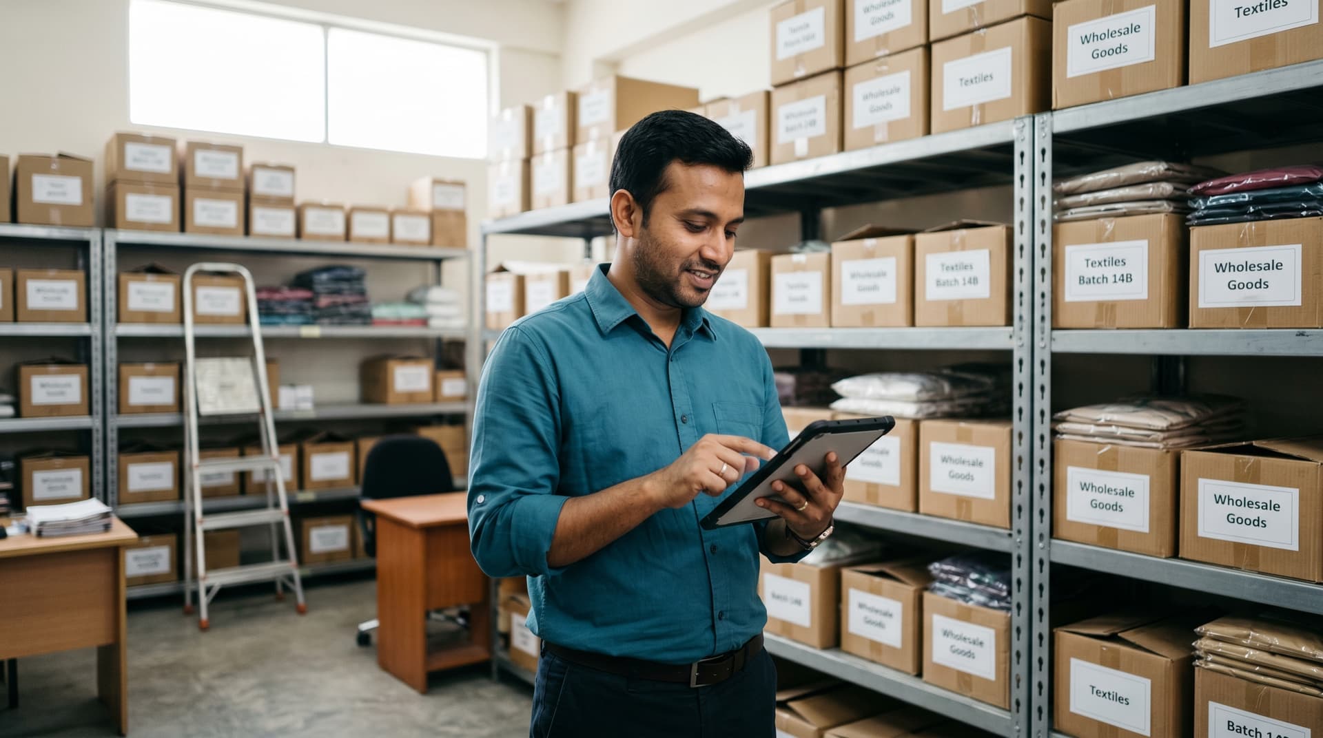 Checking inventory on a tablet in the storeroom