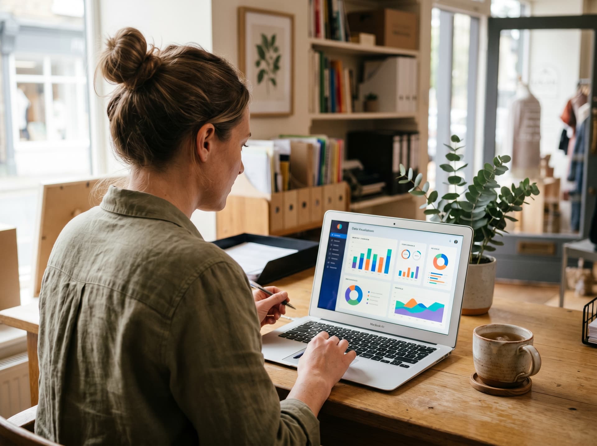 Reviewing financial reports on a laptop